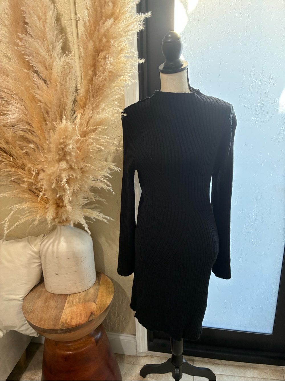 Black Ribbed Long Sleeve Sweater Dress
